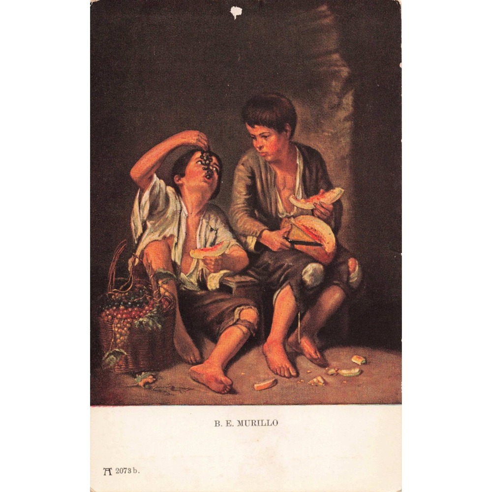 Vtg Murillo Melon & Grape Eaters Art Postcard FA Ackermann Kunstverlag 2073 b - Picture 1 of 2